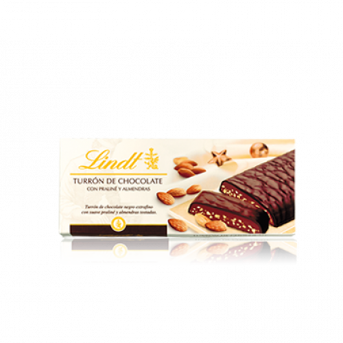 Turrón de chocolate negro extrafino con suave praliné y las mejores almendras tostadas